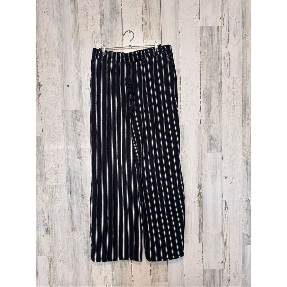 Hot Kiss Black & White Striped Wide Leg Lounge Pants Drawstring Casual Size M